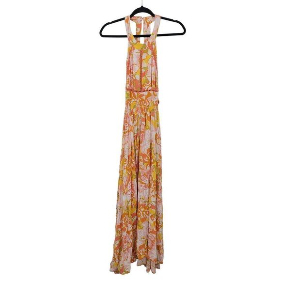 Abel The Label Sz S Pink Orange Floral Tie Cutout Halter Maxi Slip Dress‎ Rayon - Picture 14 of 14